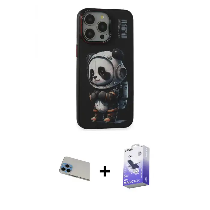 ieg™ iPhone 13 Pro Max Kılıf Siluet Modern Özel Seri - Siyah Bilvis 5in1 5D Magic Hayalet Cam Ekran Koruyucu + Rainbow Kamera Lens Koruma Cam - MI