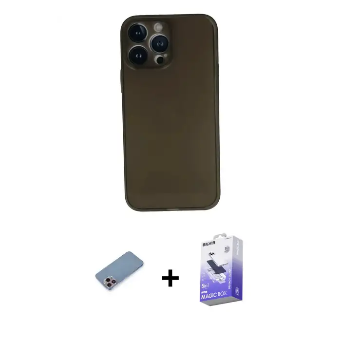 ieg™ iPhone 13 Pro Max Kılıf Yadigar Yansıma Serisi - Siyah Bilvis 5in1 5D Magic Hayalet Cam Ekran Koruyucu + Shine Kamera Lens Koruma Cam - PE