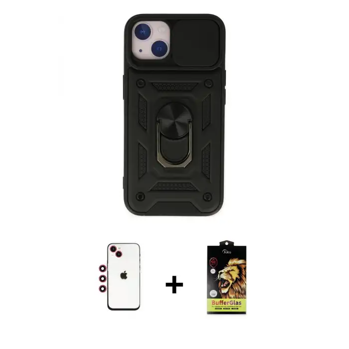ieg™ iPhone 14 Kılıf Ahenk Klasik - Siyah Buffer Cam Ekran Koruyucu + Shine Kamera Lens - KI