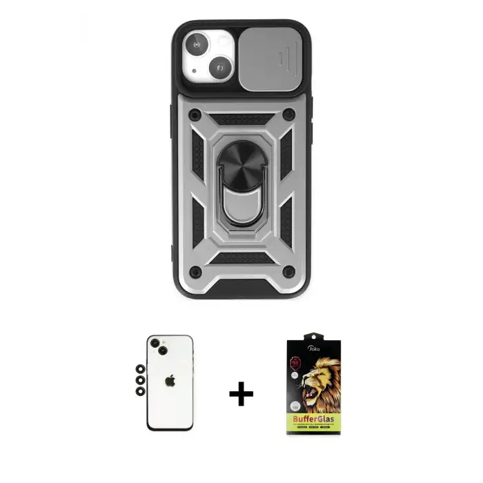 ieg™ iPhone 14 Kılıf Ahenk Klasik - Siyah Buffer Cam Ekran Koruyucu + Shine Kamera Lens - SH
