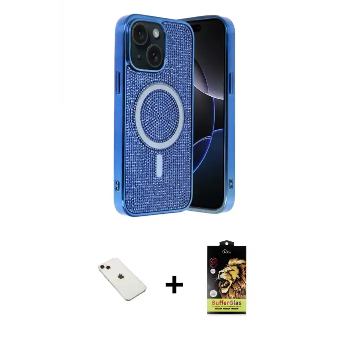 ieg™ iPhone 14 Kılıf Eksen Çizgi - Siyah Buffer Cam Ekran Koruyucu + Diamond Kamera Lens - KI