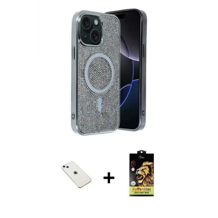 ieg™ iPhone 14 Kılıf Eksen Çizgi - Siyah Buffer Cam Ekran Koruyucu + Diamond Kamera Lens - SABE