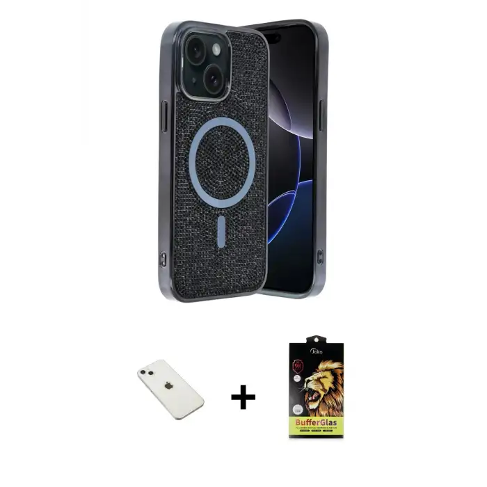 ieg™ iPhone 14 Kılıf Eksen Çizgi - Siyah Buffer Cam Ekran Koruyucu + Diamond Kamera Lens - SABE