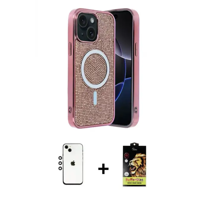 ieg™ iPhone 14 Kılıf Eksen Çizgi - Siyah Buffer Cam Ekran Koruyucu + Shine Kamera Lens - GS