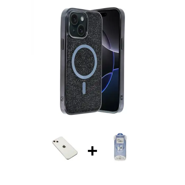 ieg™ iPhone 14 Kılıf Eksen Çizgi - Siyah Joko Magic 5D Cam + Diamond Kamera Lens - PE