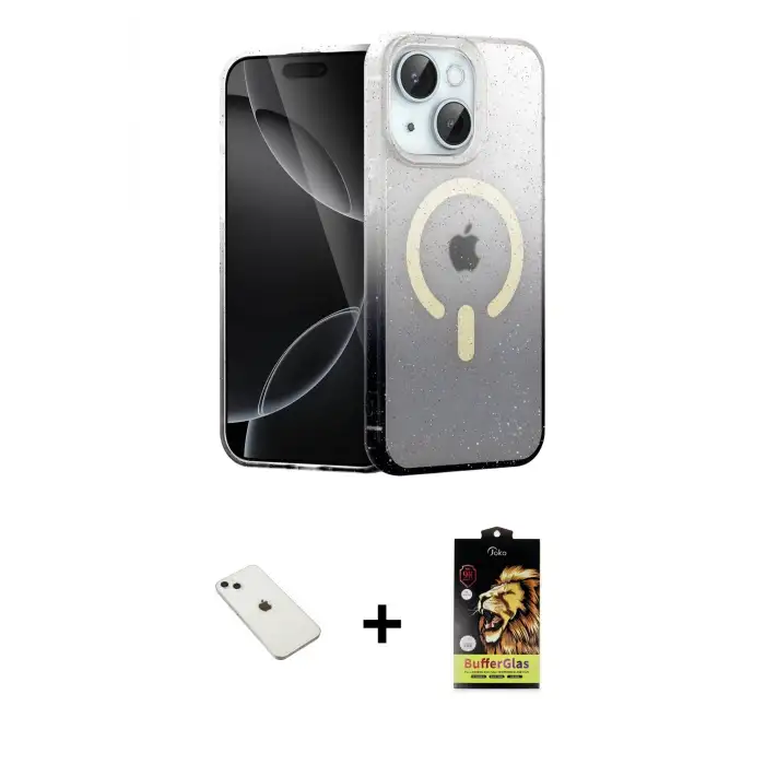 ieg™ iPhone 14 Kılıf Eksen Minimal Özel Seri - Siyah Buffer Cam Ekran Koruyucu + Diamond Kamera Lens - SABE