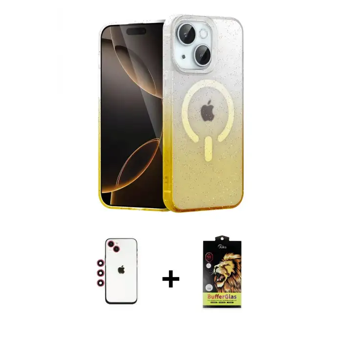 ieg™ iPhone 14 Kılıf Eksen Minimal Özel Seri - Siyah Buffer Cam Ekran Koruyucu + Shine Kamera Lens - KI