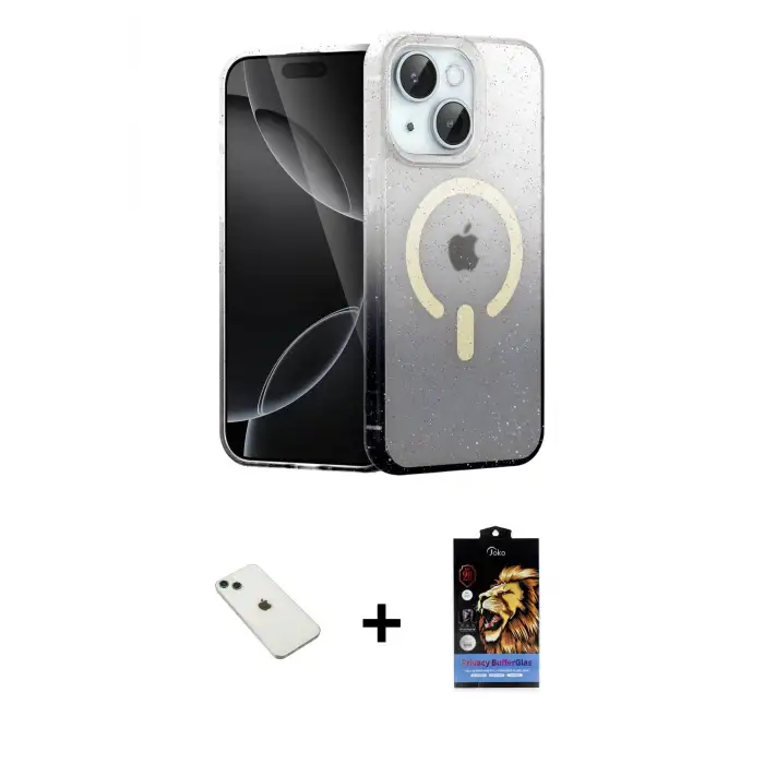 ieg™ iPhone 14 Kılıf Eksen Minimal Özel Seri - Siyah Buffer Hayalet Cam Ekran Koruyucu + Diamond Kamera Lens - YL