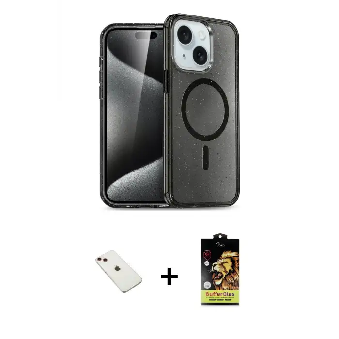 ieg™ iPhone 14 Kılıf Nova Asil Prime - Siyah Buffer Cam Ekran Koruyucu + Diamond Kamera Lens - KI