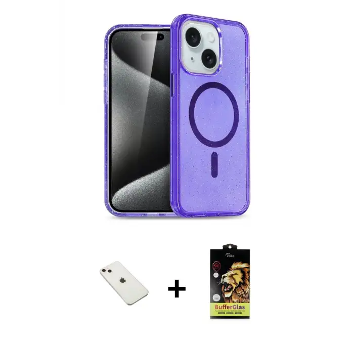ieg™ iPhone 14 Kılıf Nova Asil Prime - Siyah Buffer Cam Ekran Koruyucu + Diamond Kamera Lens - PE