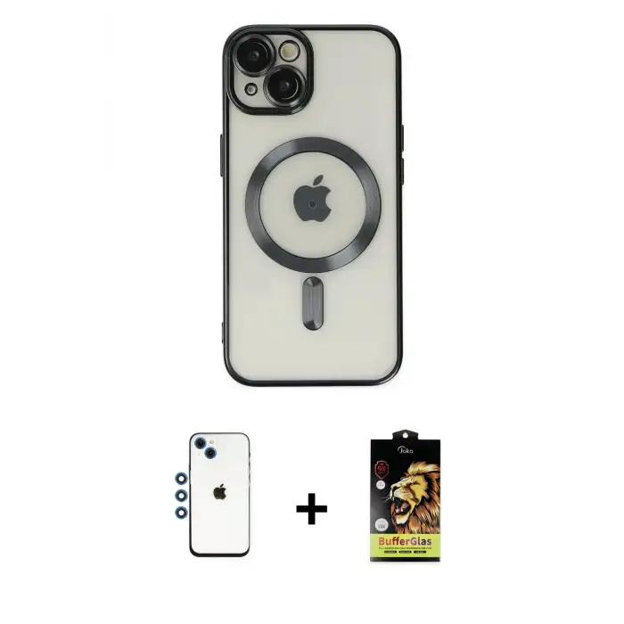 ieg™ iPhone 14 Kılıf Nova Işık Özel Seri - Siyah Buffer Cam Ekran Koruyucu + Shine Kamera Lens - MI