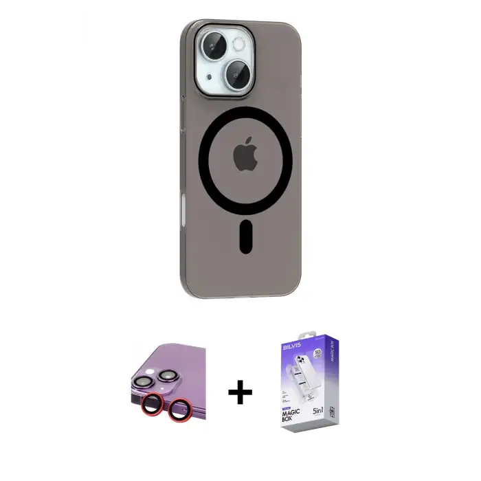 ieg™ iPhone 14 Kılıf Pusula Form Özel Seri - Siyah Bilvis 5in1 3D Magic Cam Ekran Koruyucu + Raze Metal Kamera Lens - KI