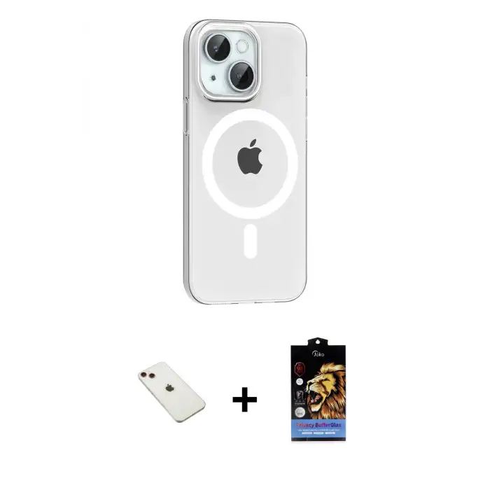 ieg™ iPhone 14 Kılıf Pusula Form Özel Seri - Siyah Buffer Hayalet Cam Ekran Koruyucu + Diamond Kamera Lens - KI
