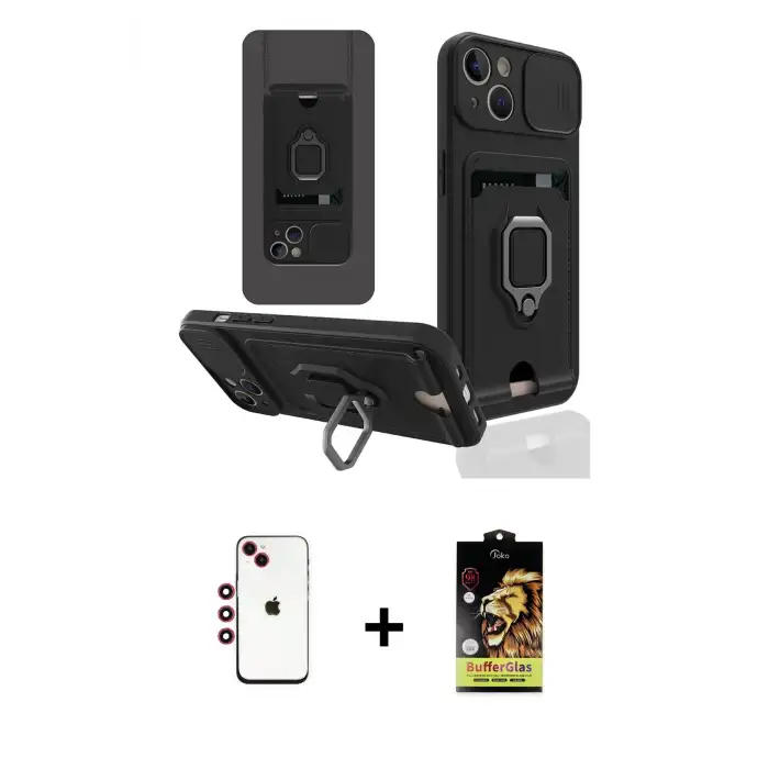 ieg™ iPhone 14 Kılıf Vadi Form Prime - Siyah Buffer Cam Ekran Koruyucu + Shine Kamera Lens - KI