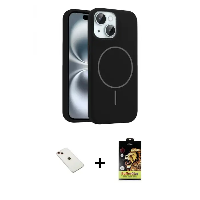 ieg™ iPhone 14 Kılıf Yankı Form Serisi - Siyah Buffer Cam Ekran Koruyucu + Diamond Kamera Lens - KI
