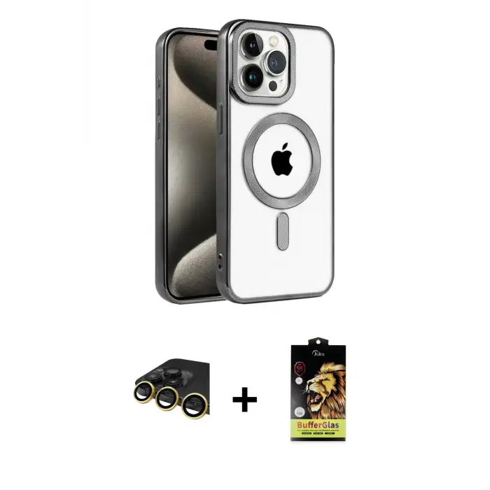 ieg™ iPhone 14 Pro Kılıf Eksen Form Koleksiyonu - Siyah Buffer Cam Ekran Koruyucu + Raze Metal Kamera Lens - GD