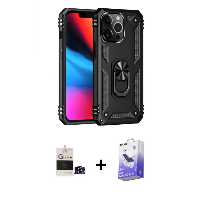 ieg™ iPhone 14 Pro Max Kılıf Ahenk Klasik Koleksiyonu - Siyah Bilvis 5in1 5D Magic Hayalet Cam Ekran Koruyucu + Bilvis Titan Kamera Lens - SH