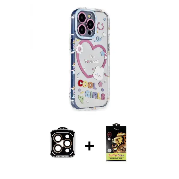 ieg™ iPhone 14 Pro Max Kılıf Ahenk Modern Serisi - Siyah Buffer Cam Ekran Koruyucu + PVD Metal Kamera Lens - TU