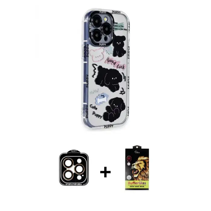 ieg™ iPhone 14 Pro Max Kılıf Ahenk Modern Serisi - Siyah Buffer Cam Ekran Koruyucu + PVD Metal Kamera Lens - TU