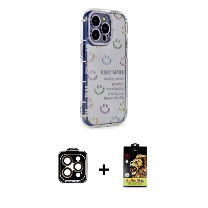 ieg™ iPhone 14 Pro Max Kılıf Ahenk Modern Serisi - Siyah Buffer Cam Ekran Koruyucu + PVD Metal Kamera Lens - TU