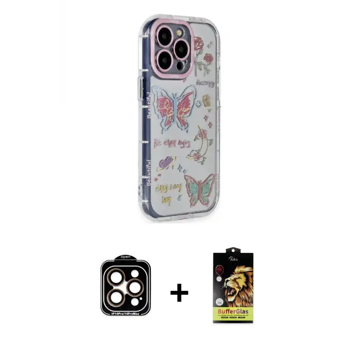 ieg™ iPhone 14 Pro Max Kılıf Ahenk Modern Serisi - Siyah Buffer Cam Ekran Koruyucu + PVD Metal Kamera Lens - TU