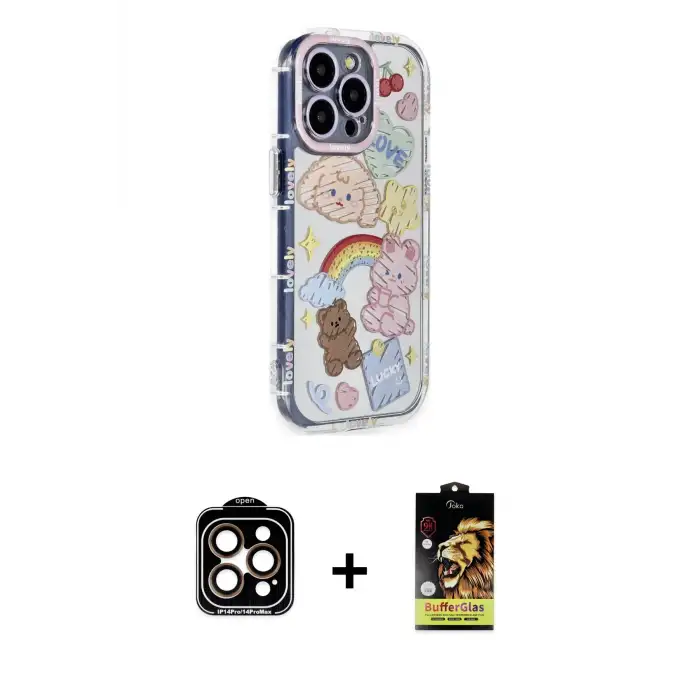 ieg™ iPhone 14 Pro Max Kılıf Ahenk Modern Serisi - Siyah Buffer Cam Ekran Koruyucu + PVD Metal Kamera Lens - TU