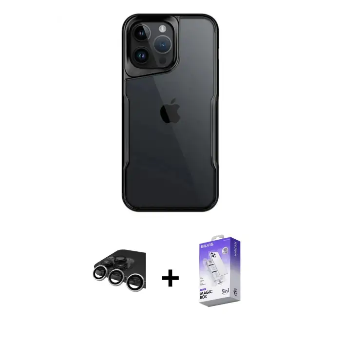 ieg™ iPhone 14 Pro Max Kılıf Akış Çizgi Koleksiyonu - Siyah Bilvis 5in1 3D Magic Cam Ekran Koruyucu + Raze Metal Kamera Lens - GS