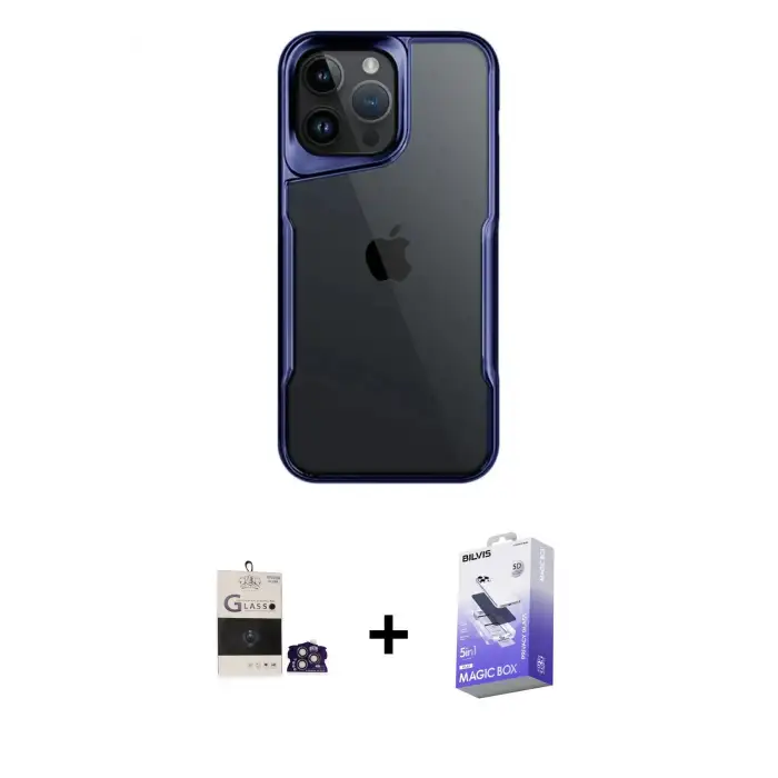 ieg™ iPhone 14 Pro Max Kılıf Akış Çizgi Koleksiyonu - Siyah Bilvis 5in1 5D Magic Hayalet Cam Ekran Koruyucu + Bilvis Titan Kamera Lens - GS