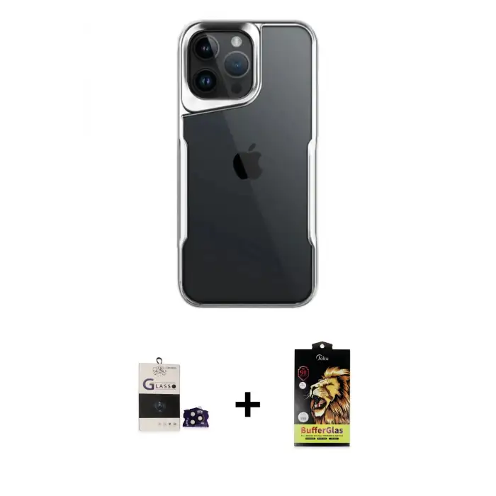 ieg™ iPhone 14 Pro Max Kılıf Akış Çizgi Koleksiyonu - Siyah Buffer Cam Ekran Koruyucu + Bilvis Titan Kamera Lens - SH