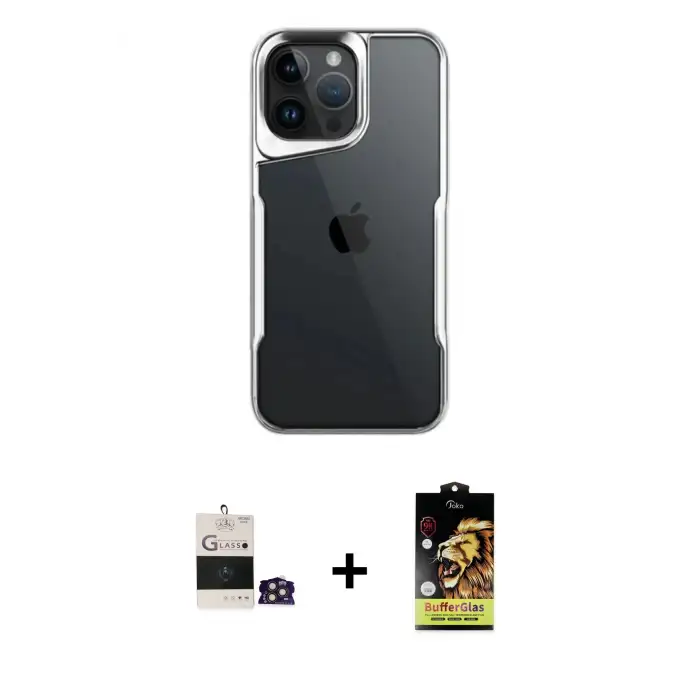 ieg™ iPhone 14 Pro Max Kılıf Akış Çizgi Koleksiyonu - Siyah Buffer Cam Ekran Koruyucu + Bilvis Titan Kamera Lens - GD