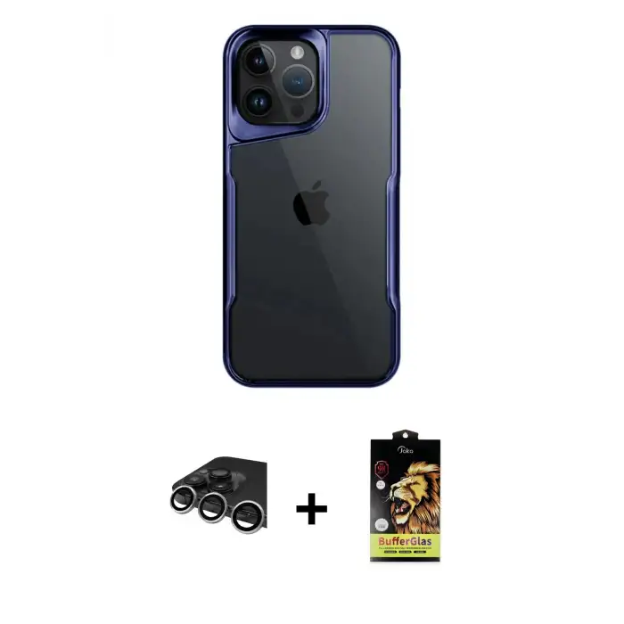 ieg™ iPhone 14 Pro Max Kılıf Akış Çizgi Koleksiyonu - Siyah Buffer Cam Ekran Koruyucu + Raze Metal Kamera Lens - GS