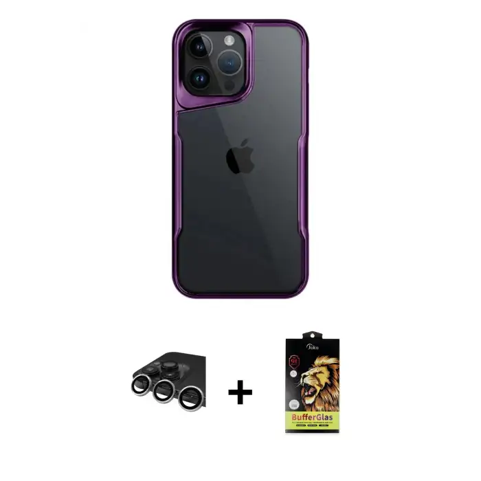 ieg™ iPhone 14 Pro Max Kılıf Akış Çizgi Koleksiyonu - Siyah Buffer Cam Ekran Koruyucu + Raze Metal Kamera Lens - GS