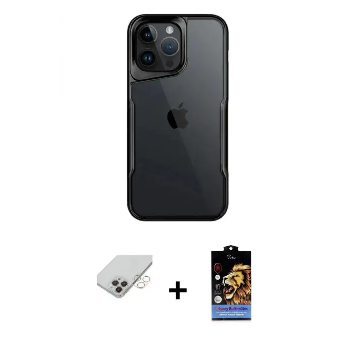 ieg™ iPhone 14 Pro Max Kılıf Akış Çizgi Koleksiyonu - Siyah Buffer Hayalet Cam Ekran Koruyucu + Band Metal Kamera Lens - GD