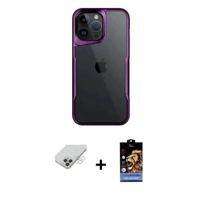 ieg™ iPhone 14 Pro Max Kılıf Akış Çizgi Koleksiyonu - Siyah Buffer Hayalet Cam Ekran Koruyucu + Band Metal Kamera Lens - GD