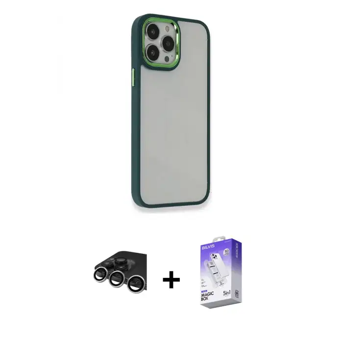 ieg™ iPhone 14 Pro Max Kılıf Eksen Doku Prime - Siyah Bilvis 5in1 3D Magic Cam Ekran Koruyucu + Raze Metal Kamera Lens - GS