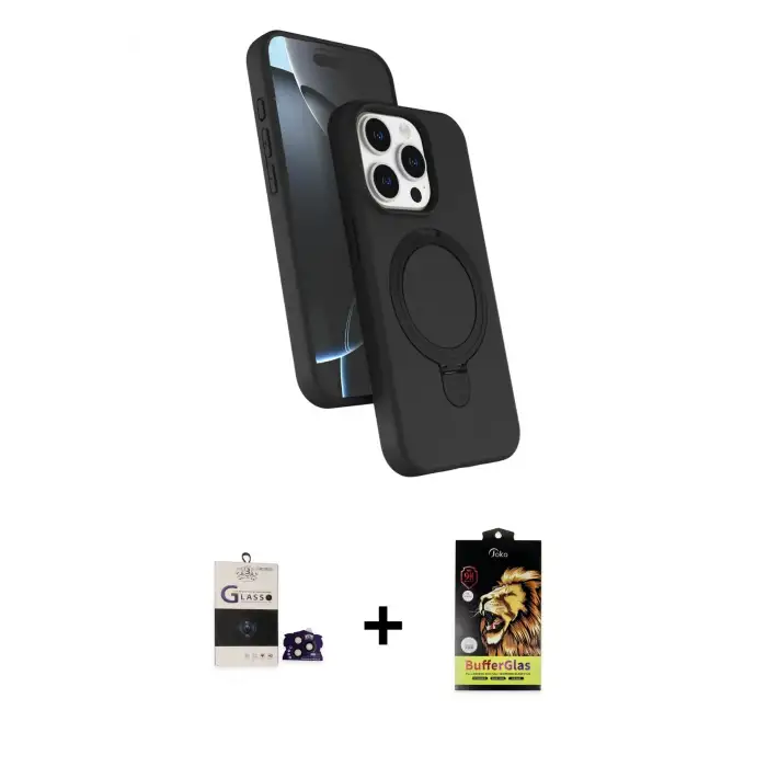 ieg™ iPhone 14 Pro Max Kılıf İz Işık Koleksiyonu - Siyah Buffer Cam Ekran Koruyucu + Bilvis Titan Kamera Lens - SH