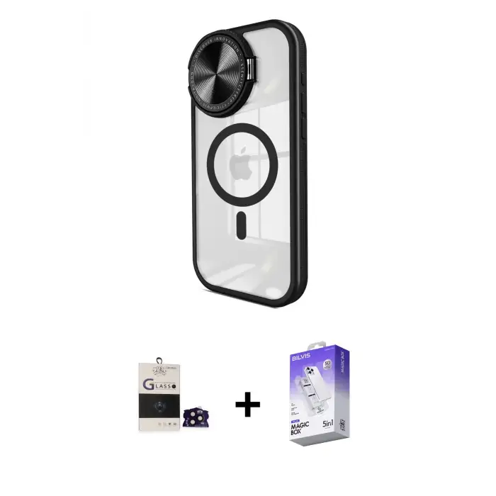 ieg™ iPhone 14 Pro Max Kılıf Kıvılcım Modern Koleksiyonu - Siyah Bilvis 5in1 3D Magic Cam Ekran Koruyucu + Bilvis Titan Kamera Lens - SH