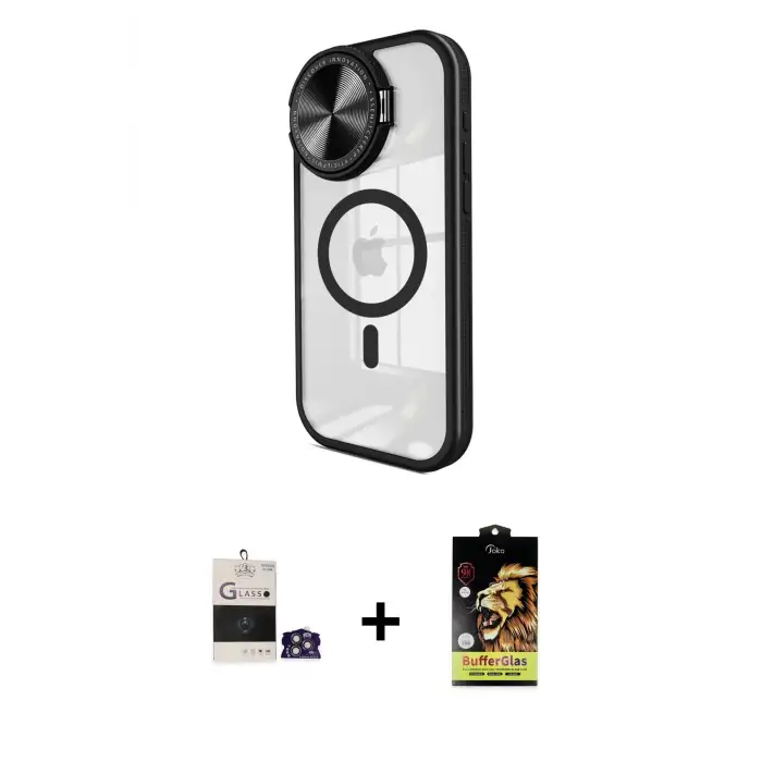 ieg™ iPhone 14 Pro Max Kılıf Kıvılcım Modern Koleksiyonu - Siyah Buffer Cam Ekran Koruyucu + Bilvis Titan Kamera Lens - GS