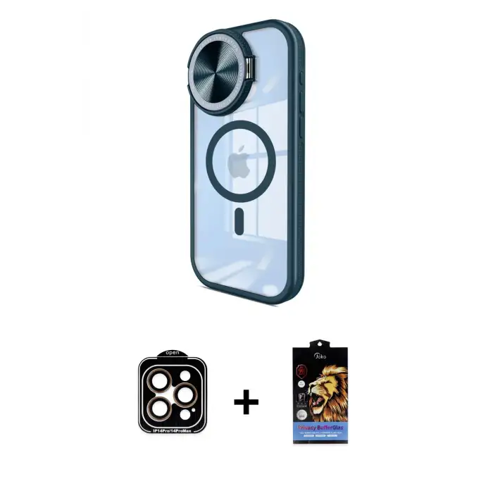 ieg™ iPhone 14 Pro Max Kılıf Kıvılcım Modern Koleksiyonu - Siyah Buffer Hayalet Cam Ekran Koruyucu + PVD Metal Kamera Lens - TU
