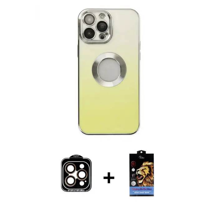 ieg™ iPhone 14 Pro Max Kılıf Kutup Yansıma Özel Seri - Siyah Buffer Hayalet Cam Ekran Koruyucu + PVD Metal Kamera Lens - TU