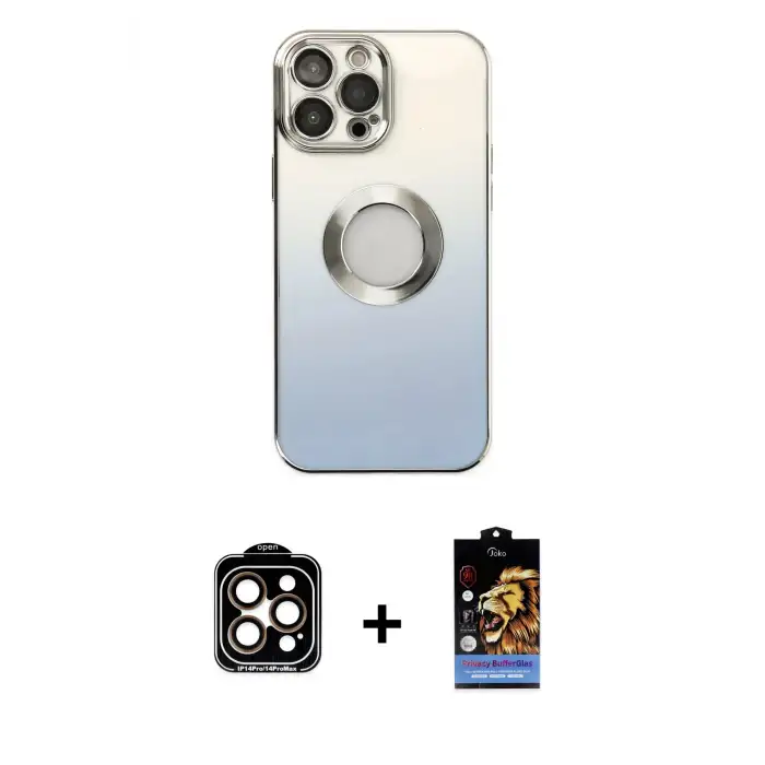 ieg™ iPhone 14 Pro Max Kılıf Kutup Yansıma Özel Seri - Siyah Buffer Hayalet Cam Ekran Koruyucu + PVD Metal Kamera Lens - TU