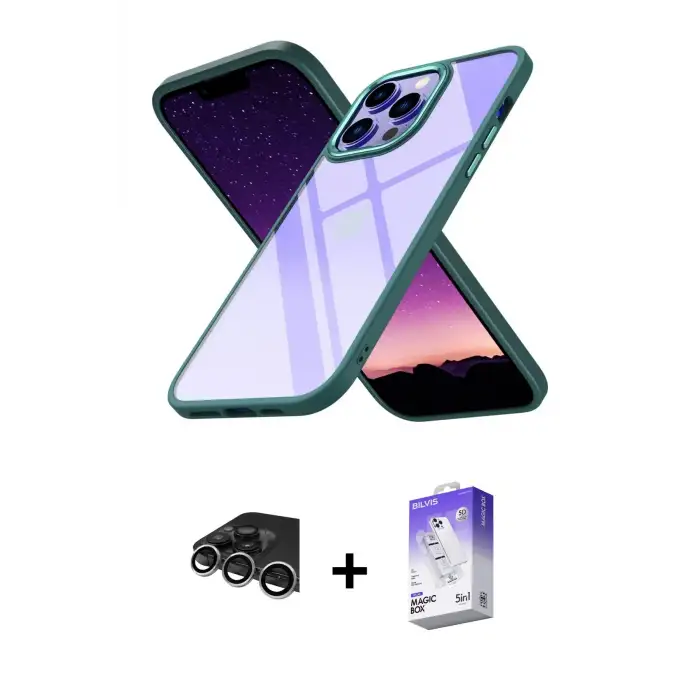 ieg™ iPhone 14 Pro Max Kılıf Nova Işık Serisi - Siyah Bilvis 5in1 3D Magic Cam Ekran Koruyucu + Raze Metal Kamera Lens - GS