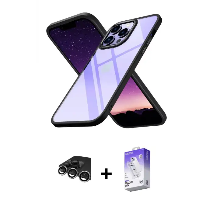ieg™ iPhone 14 Pro Max Kılıf Nova Işık Serisi - Siyah Bilvis 5in1 3D Magic Cam Ekran Koruyucu + Raze Metal Kamera Lens - GS