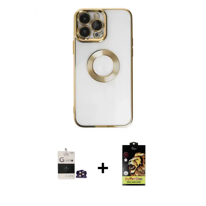 ieg™ iPhone 14 Pro Max Kılıf Pusula Form - Siyah Buffer Cam Ekran Koruyucu + Bilvis Titan Kamera Lens - GD