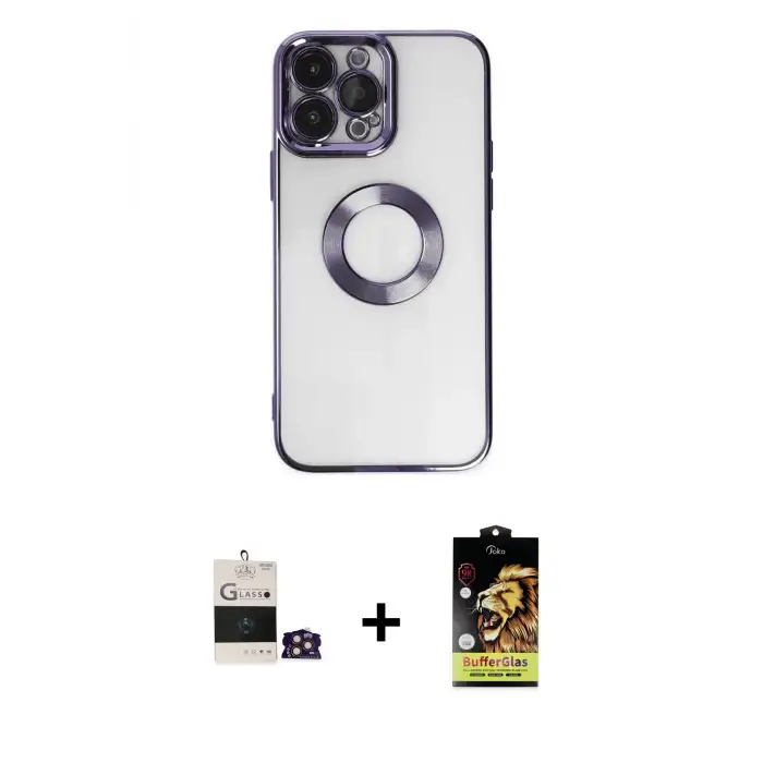 ieg™ iPhone 14 Pro Max Kılıf Pusula Form - Siyah Buffer Cam Ekran Koruyucu + Bilvis Titan Kamera Lens - GD