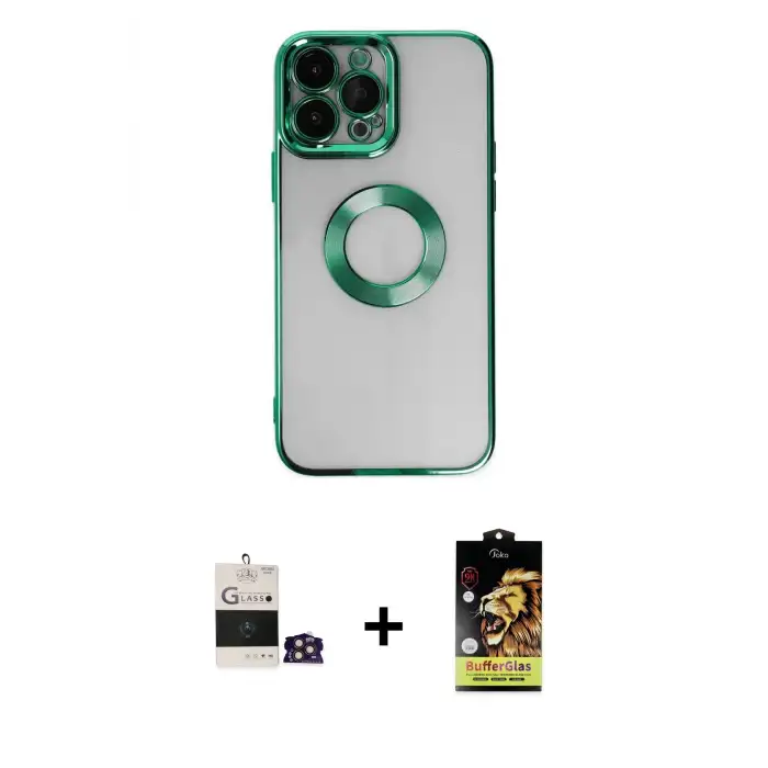 ieg™ iPhone 14 Pro Max Kılıf Pusula Form - Siyah Buffer Cam Ekran Koruyucu + Bilvis Titan Kamera Lens - GD