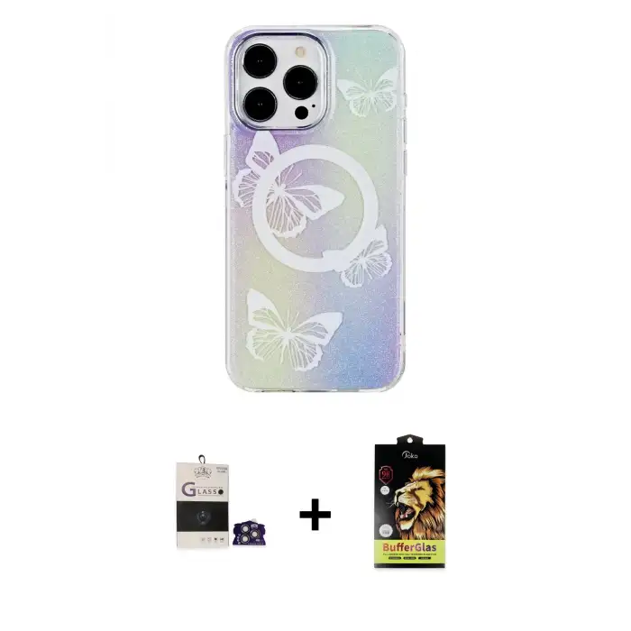 ieg™ iPhone 14 Pro Max Kılıf Pusula Form - Siyah Buffer Cam Ekran Koruyucu + Bilvis Titan Kamera Lens - GS