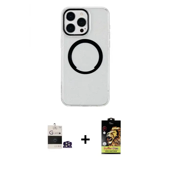 ieg™ iPhone 14 Pro Max Kılıf Pusula Form - Siyah Buffer Cam Ekran Koruyucu + Bilvis Titan Kamera Lens - GS