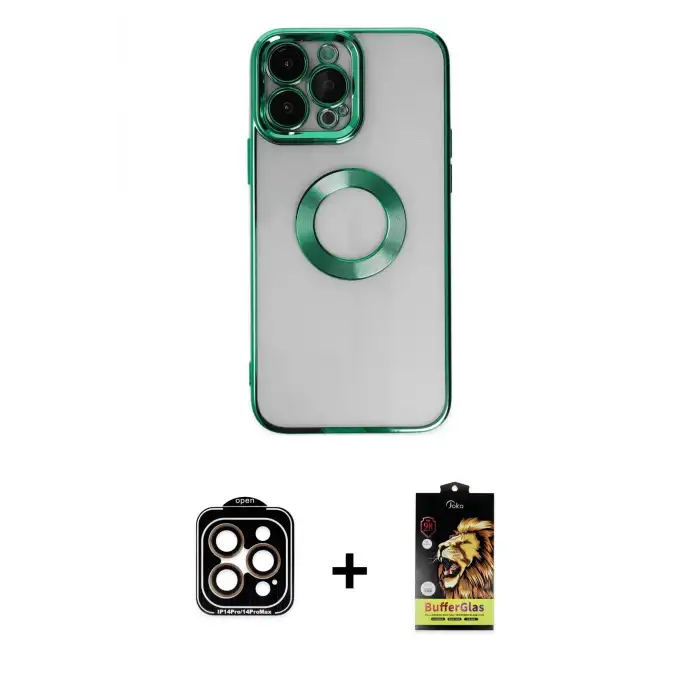 ieg™ iPhone 14 Pro Max Kılıf Pusula Form - Siyah Buffer Cam Ekran Koruyucu + PVD Metal Kamera Lens - TU