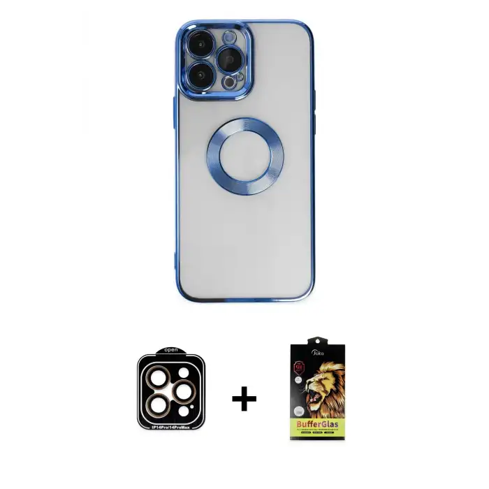ieg™ iPhone 14 Pro Max Kılıf Pusula Form - Siyah Buffer Cam Ekran Koruyucu + PVD Metal Kamera Lens - TU